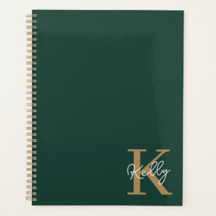 Modern Emerald Green Gold Monogram Script Planer