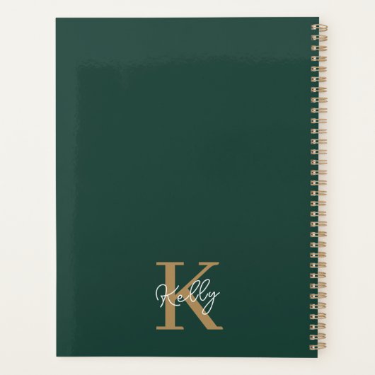 Modern Emerald Green Gold Monogram Script Planer (Rückseite)