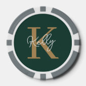 Modern Emerald Green Gold Monogram Script Pokerchips (Vorderseite)