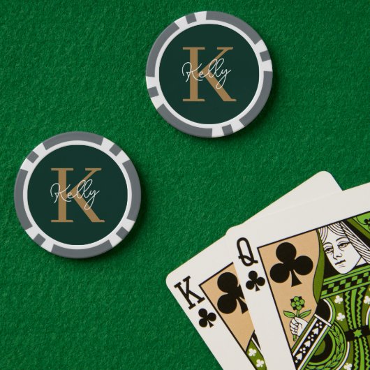 Modern Emerald Green Gold Monogram Script Pokerchips (Pokertisch (doppelt))