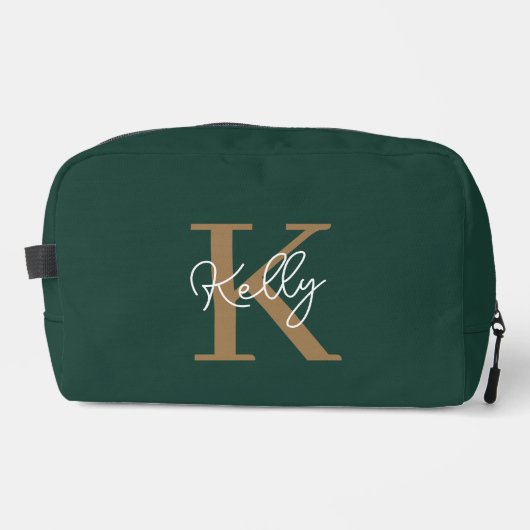 Modern Emerald Green Gold Monogram Script Waschbeutel (Vorderseite)