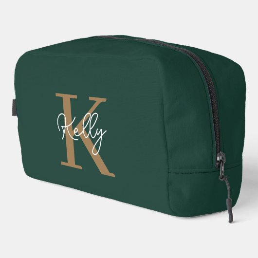 Modern Emerald Green Gold Monogram Script Waschbeutel (Rechte Ecke)