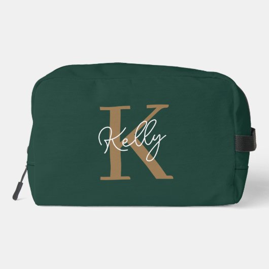Modern Emerald Green Gold Monogram Script Waschbeutel (Rückseite)