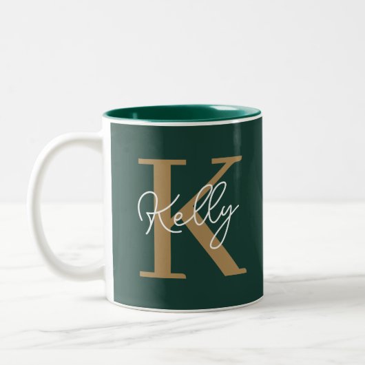 Modern Emerald Green Gold Monogram Script Zweifarbige Tasse (Links)