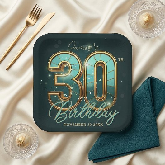 Modern Emerald Green Gold Typography 30th Birthday Pappteller