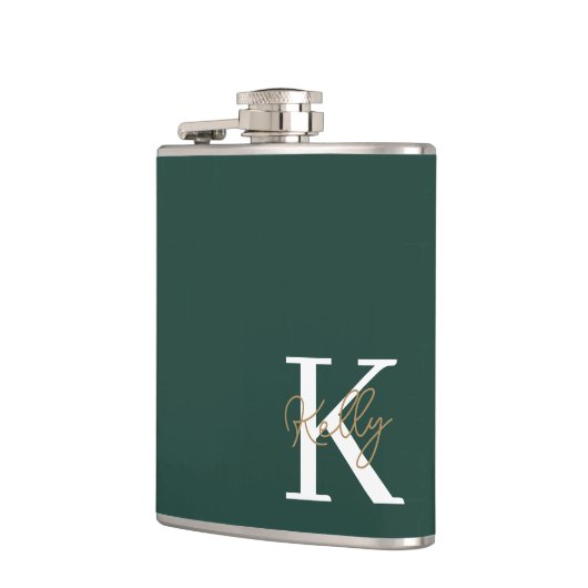 Modern Emerald Green Monogram Script Flachmann (Links)