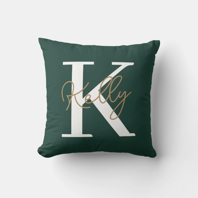 Modern Emerald Green Monogram Script Kissen (Vorderseite)