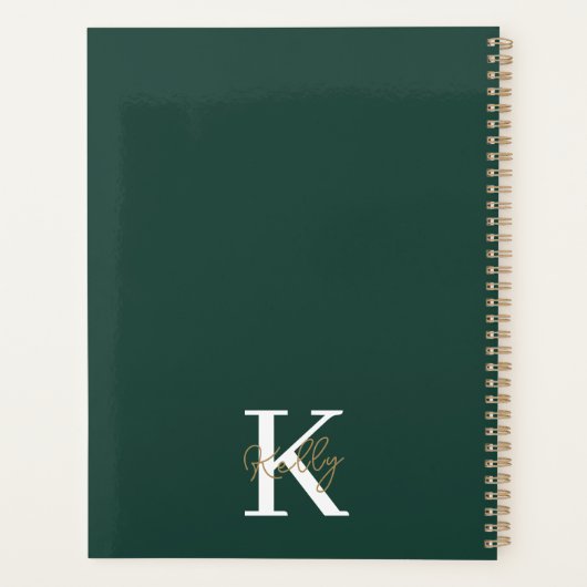 Modern Emerald Green Monogram Script Planer (Rückseite)