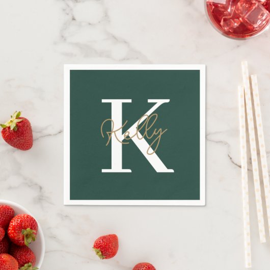 Modern Emerald Green Monogram Script Serviette (Beispiel)