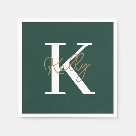 Modern Emerald Green Monogram Script Serviette (Vorderseite)