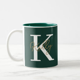 Modern Emerald Green Monogram Script Zweifarbige Tasse