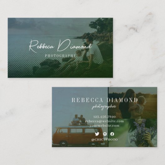 Modern Emerald Green Overlay 4 Foto Script Visitenkarte (Vorne/Hinten)