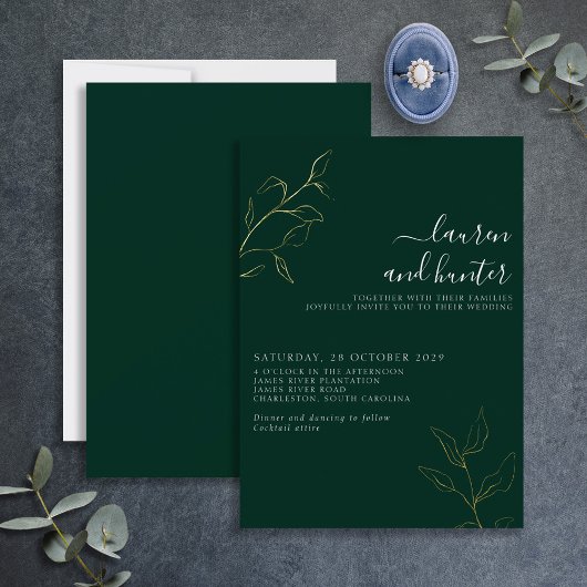 Modern Emerald Green Script Botanical Wedding Gold Folieneinladung