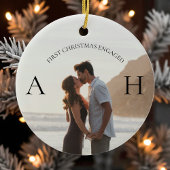 Modern Engagement 2 Photo First Christmas Engaged Keramik Ornament