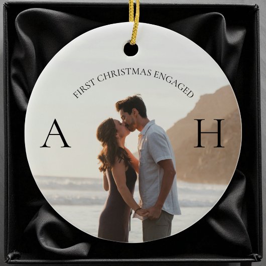 Modern Engagement 2 Photo First Christmas Engaged Keramik Ornament