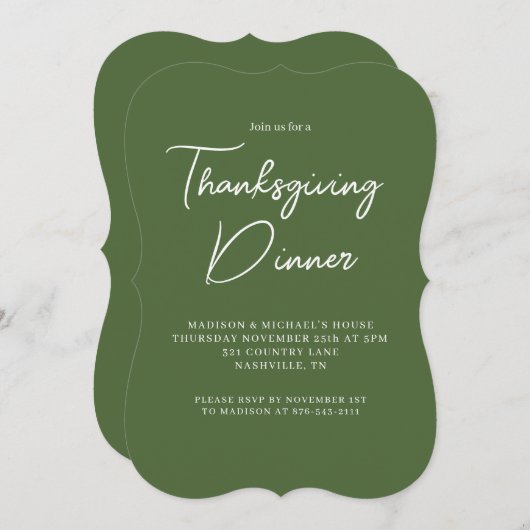 Modern Erntedank Dinner Sage Green White Script Einladung (Vorne/Hinten)