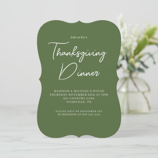 Modern Erntedank Dinner Sage Green White Script Einladung (Stehend Vorderseite)