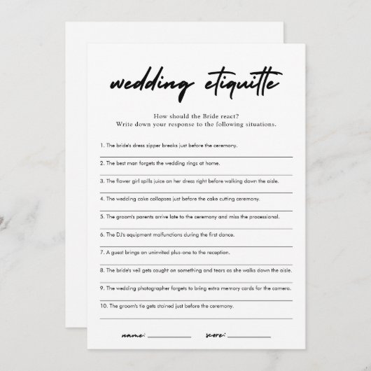 Modern Etiquette 911 Brautparty Game Card Einladung (Vorne/Hinten)