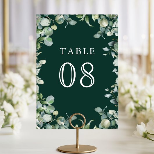 Modern Eucalyptus Greenery Emerald Green Wedding Tischnummer