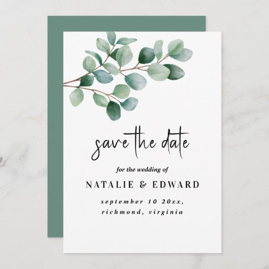 Modern Eucalyptus Greenery Wedding Save The Date (Vorne/Hinten)