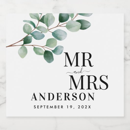 Modern Eucalyptus Greenery Wedding Schaumweinetikett (Einzelnes Label)
