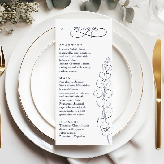 Modern Eucalyptus Navy Blue & White Wedding Dinner Menükarte