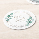 Modern Eucalyptus Watercolor Gold Script Hochzeit Runder Pappuntersetzer (Angewinkelt)