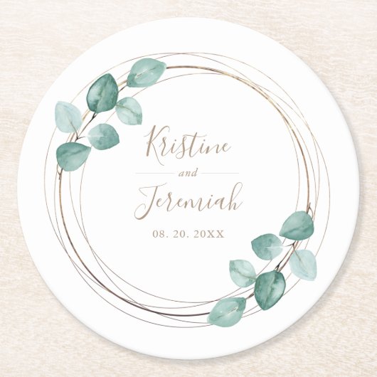 Modern Eucalyptus Watercolor Gold Script Hochzeit Runder Pappuntersetzer (Vorderseite)