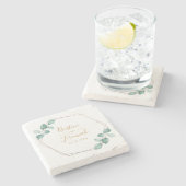 Modern Eucalyptus Watercolor Gold Script Hochzeit Steinuntersetzer (Seitenansicht)