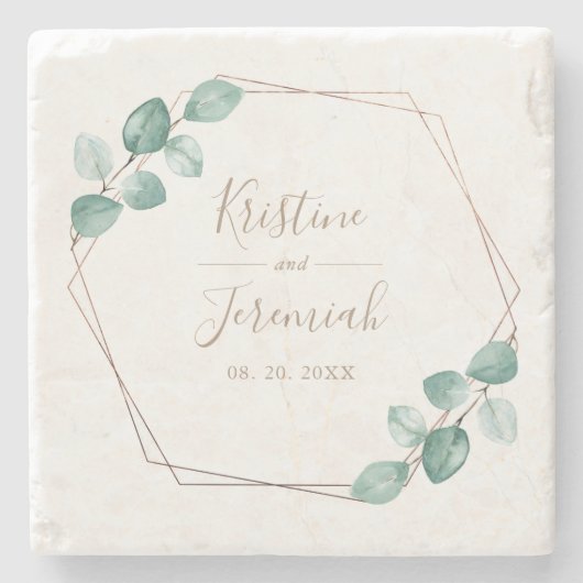 Modern Eucalyptus Watercolor Gold Script Hochzeit Steinuntersetzer (Vorderseite)