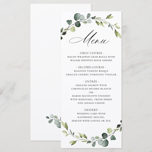 Modern Eucalyptus Wreath Watercolor Wedding Boho Menükarte (Vorne/Hinten)