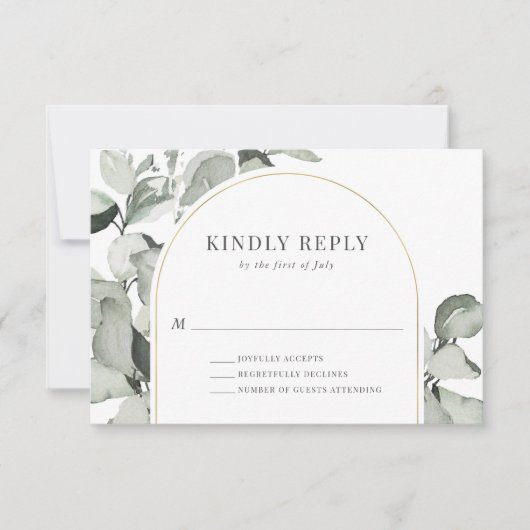 Modern Eukalyptus Gold Arch Wedding RSVP Karte (Vorderseite)