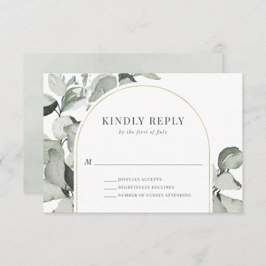 Modern Eukalyptus Gold Arch Wedding RSVP Karte (Vorne/Hinten)