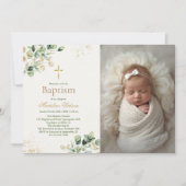 Modern Eukalyptus Greenerity Cross Foto Taufe Einladung (Vorderseite)