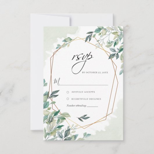 Modern Eukalyptus Greenery Gold Geometric Wedding RSVP Karte (Vorderseite)