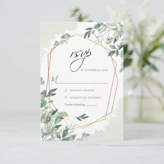 Modern Eukalyptus Greenery Gold Geometric Wedding RSVP Karte (Stehend Vorderseite)