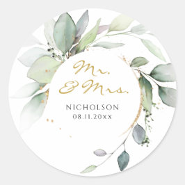 Modern Eukalyptus Greenery Gold Mr. & Mrs. Classic Runder Aufkleber