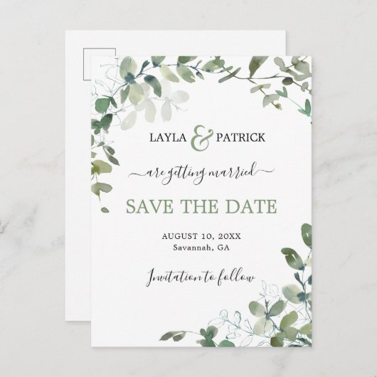 Modern Eukalyptus Greenery Save the Date Postkarte (Vorne/Hinten)