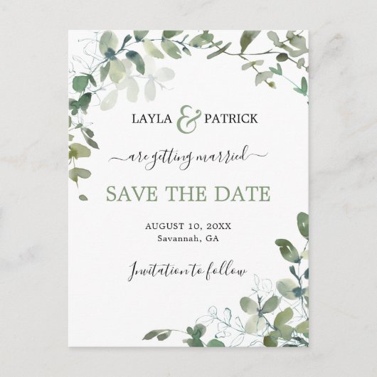 Modern Eukalyptus Greenery Save the Date Postkarte (Vorderseite)