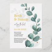 Modern Eukalyptus Greenery Watercolor Wedding Gold Folieneinladung (Vorderseite)