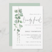 Modern Eukalyptus Script 21. Geburtstag Party Einladung (Vorne/Hinten)