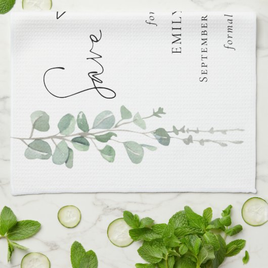 Modern Eukalyptus Script Keepake Save the Date Geschirrtuch (Gefaltet)