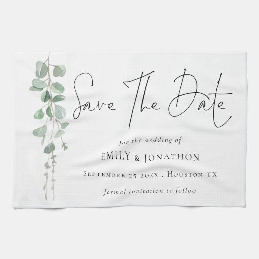 Modern Eukalyptus Script Keepake Save the Date Geschirrtuch (Horizontal)