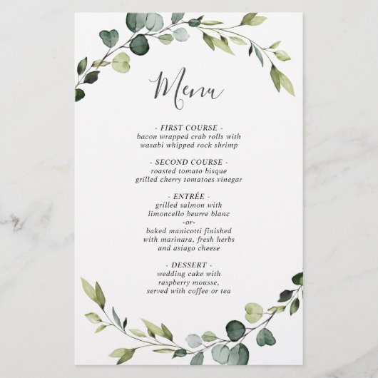 Modern Eukalyptus Wreath Wedding Dinner Menu (Vorderseite)