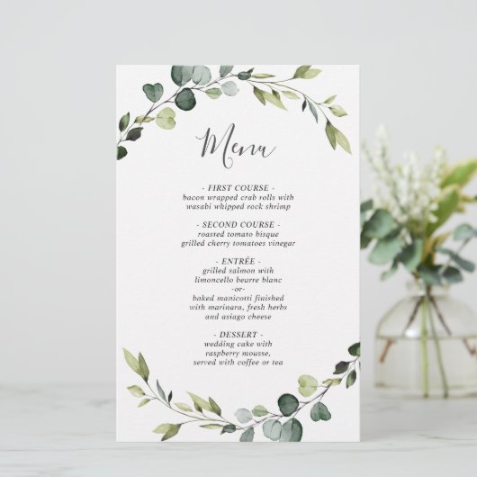 Modern Eukalyptus Wreath Wedding Dinner Menu (Stehend Vorderseite)
