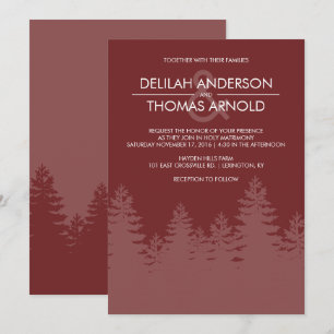 Modern Evergreen Trees Burgundy Winter Wedding Einladung