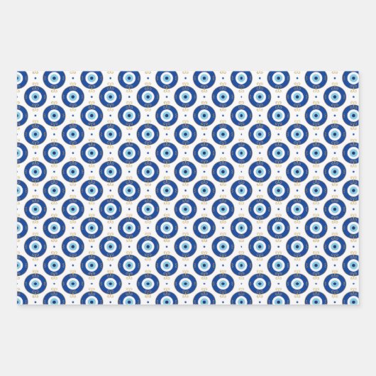 Modern Evil Eye Pattern Blue & Gold Protection Geschenkpapier Set (Vorderseite)