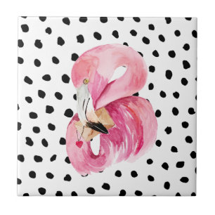 Modern Exotic Pink Watercolor Flamingo & Dots Fliese