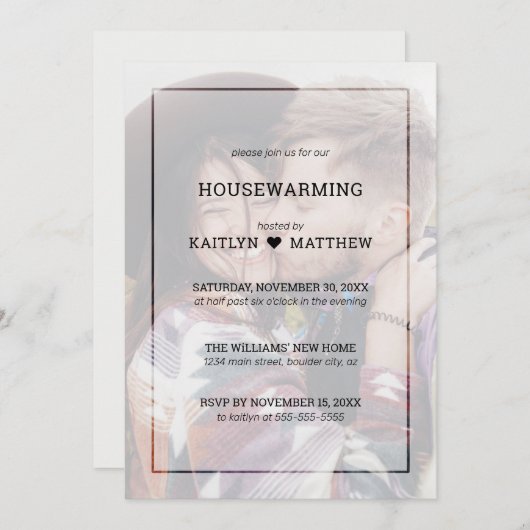 Modern Faded Foto Typografy Housewarming Party Einladung (Vorne/Hinten)