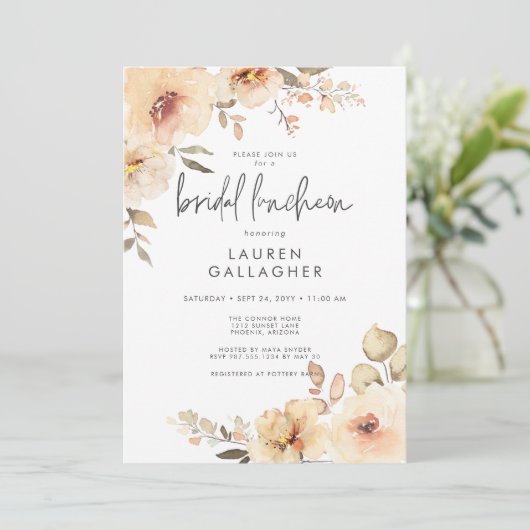 Modern Fall Champagne Floral Frame Bridal Luncheon Einladung (Stehend Vorderseite)